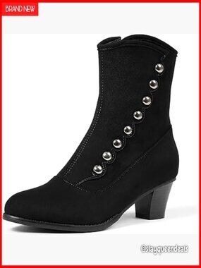 Victorian Ankle Boots Chunky Heel Round Toe Side Zipper Button Design